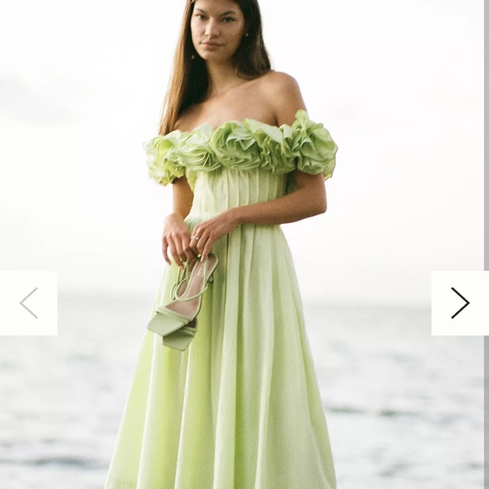 Maeve Strapless Ruffle Off-Shoulder Maxi Dress in Light Green